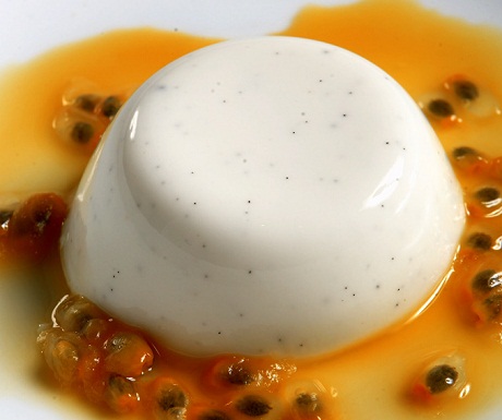 Coconut and kaffir lime panna cotta with passion fruit pulp