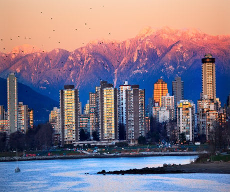 Vancouver Skyline Harbor English Bay Birds Snow Mountains Sunset