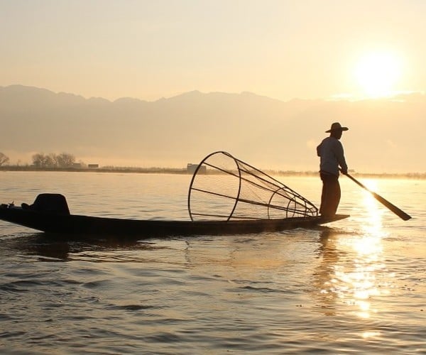 Fisherman on Inle Lake with Sunset
