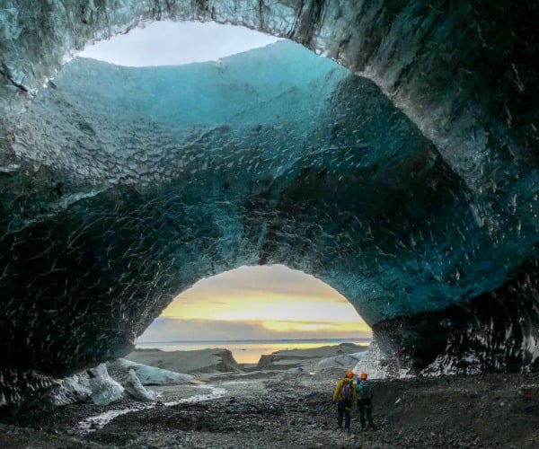 Exploring ice caves in an Icelandic winter