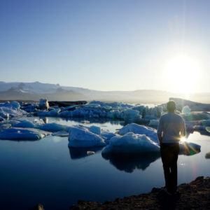 The midnight sun on the glacier lagoon