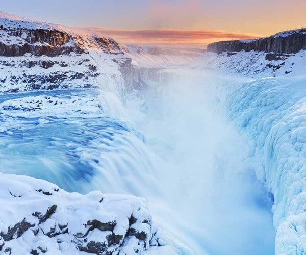 Gullfoss waterfall in winter, Iceland's famous fall in the Golden Circle route