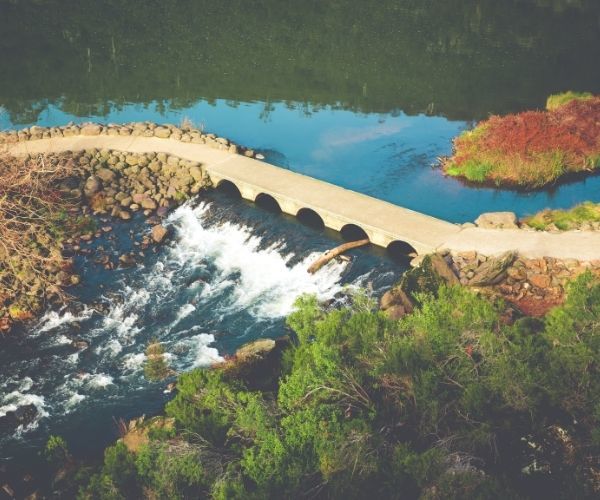 bridge with water flowing underneath and green bush