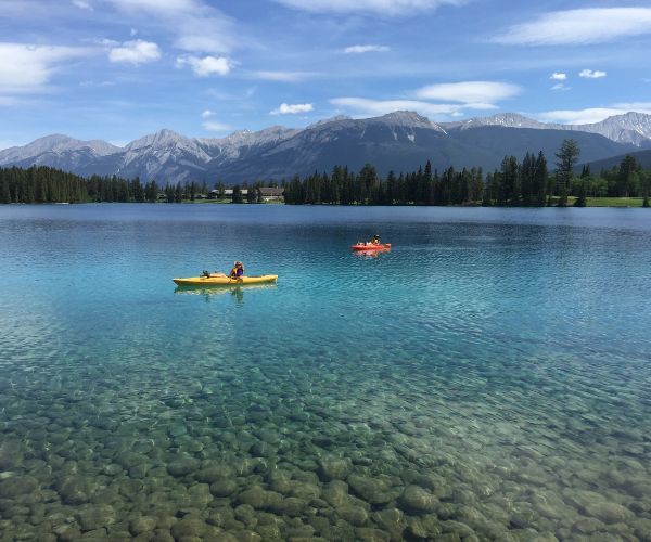 A yellow and red kayak in Jasper National Park