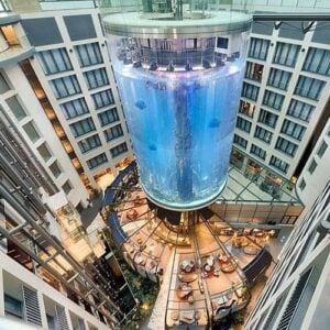 AquaDom aquarium at the Radisson Collection Hotel, Berlin explodes