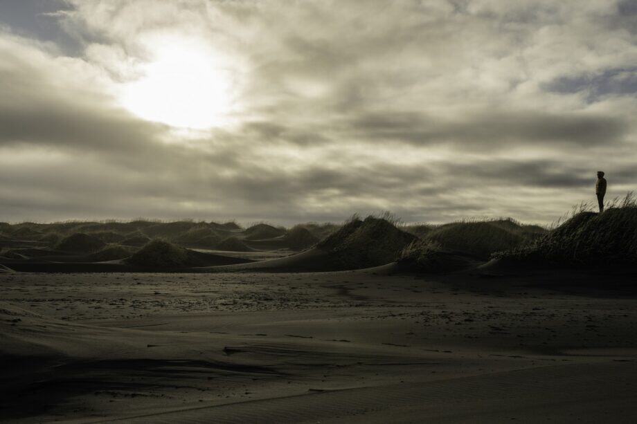 Serene traveler overlooking a black sand beach in Iceland
