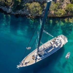 motor sailer at anchor on the turquoise coast, turkey
