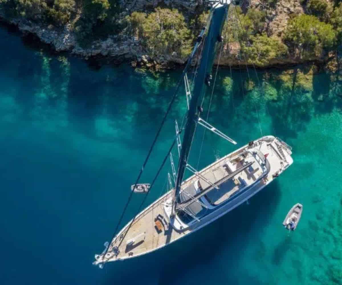 motor sailer at anchor on the turquoise coast, turkey